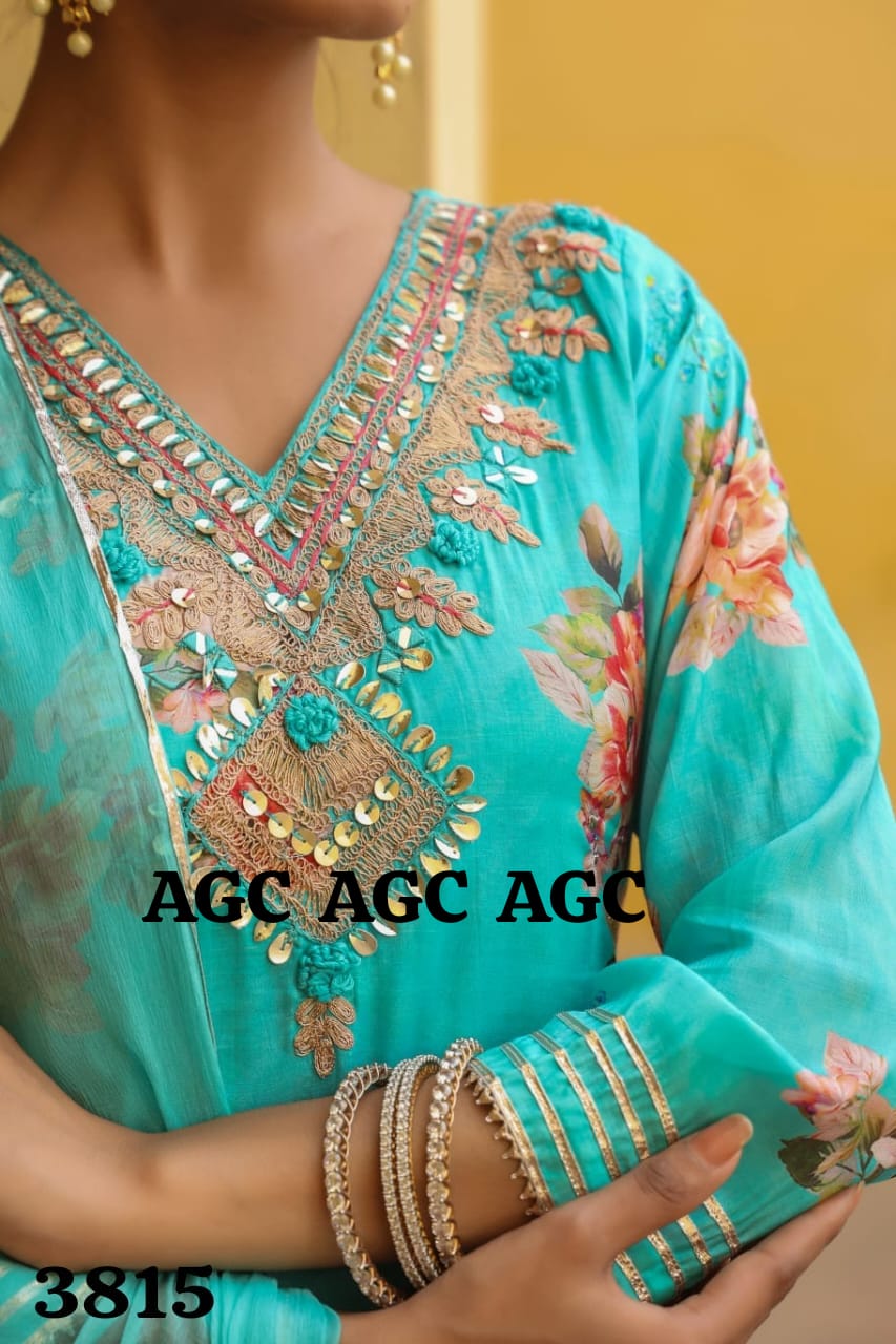 Aqua Blue floral heavy gota work premium fabric sharara suit