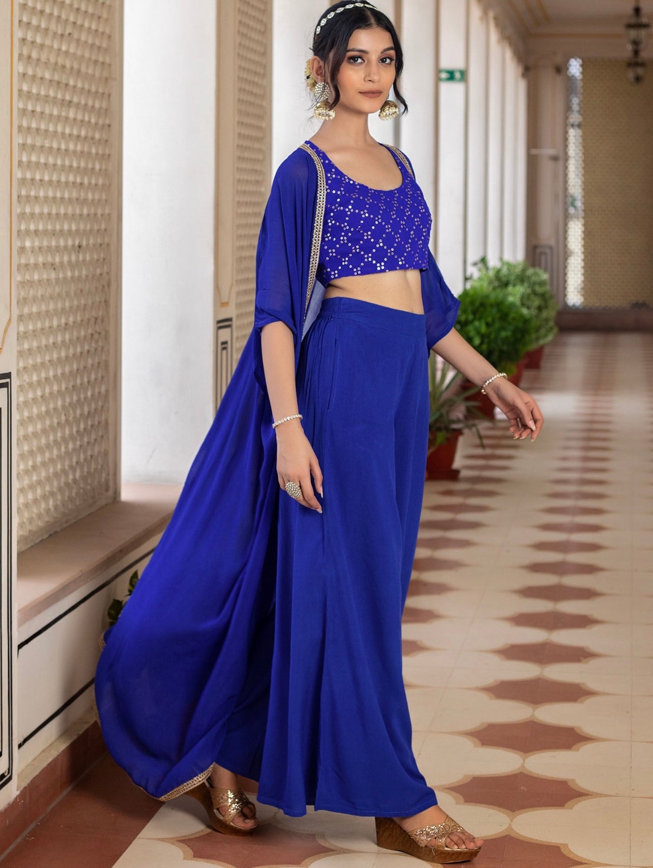 Blue sequin work crop top palazzo and shrug