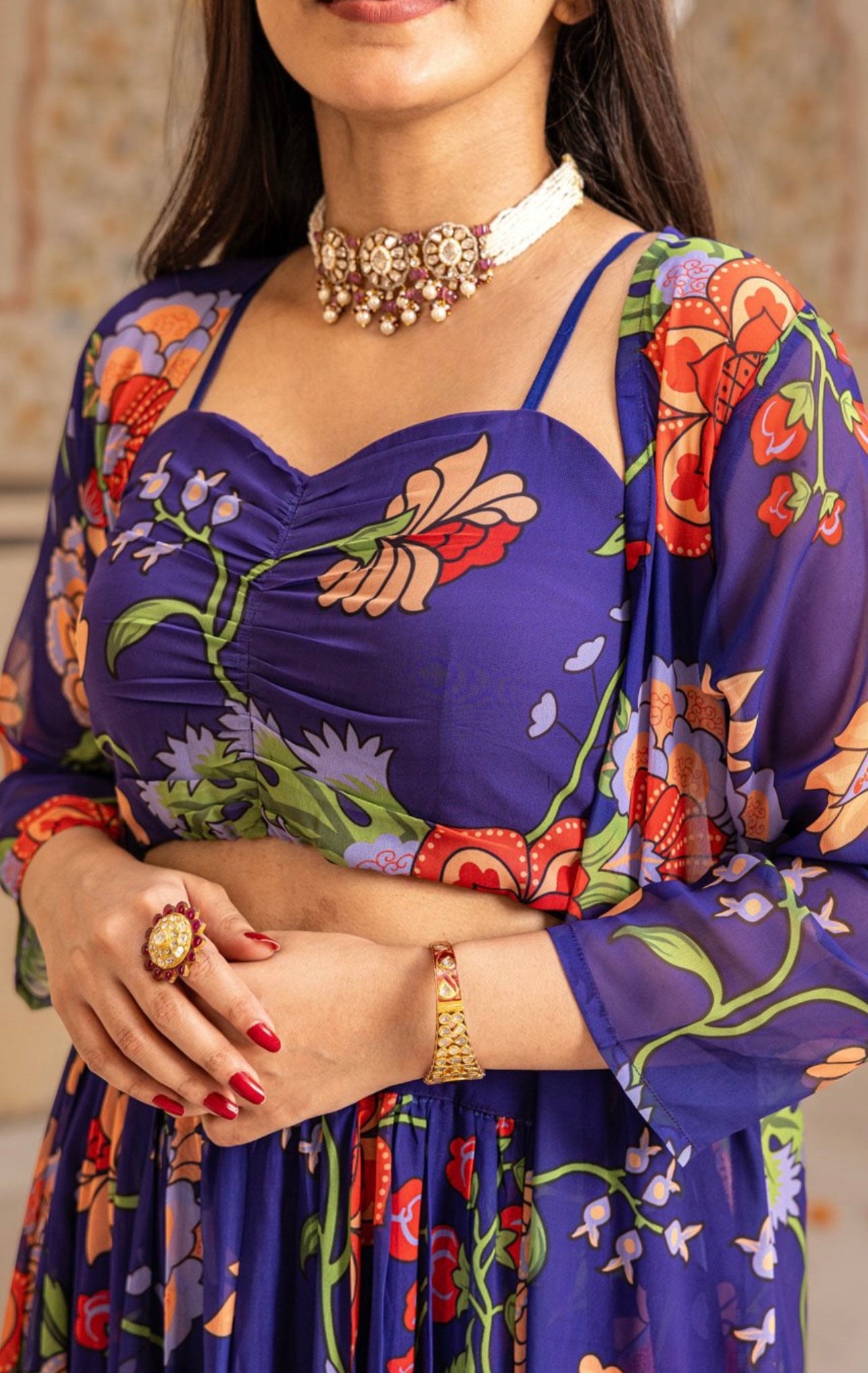 Purple floral crop top skirt and shrug co-ord set