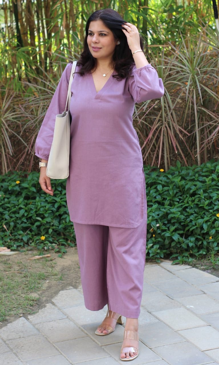 Lavender V neck co-ord set