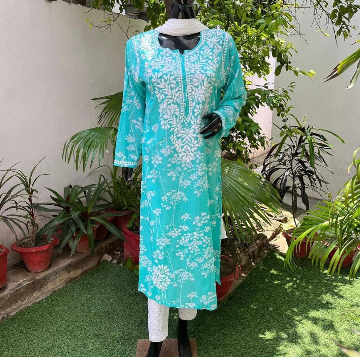 Aqua blue chikankari mulmul kurti