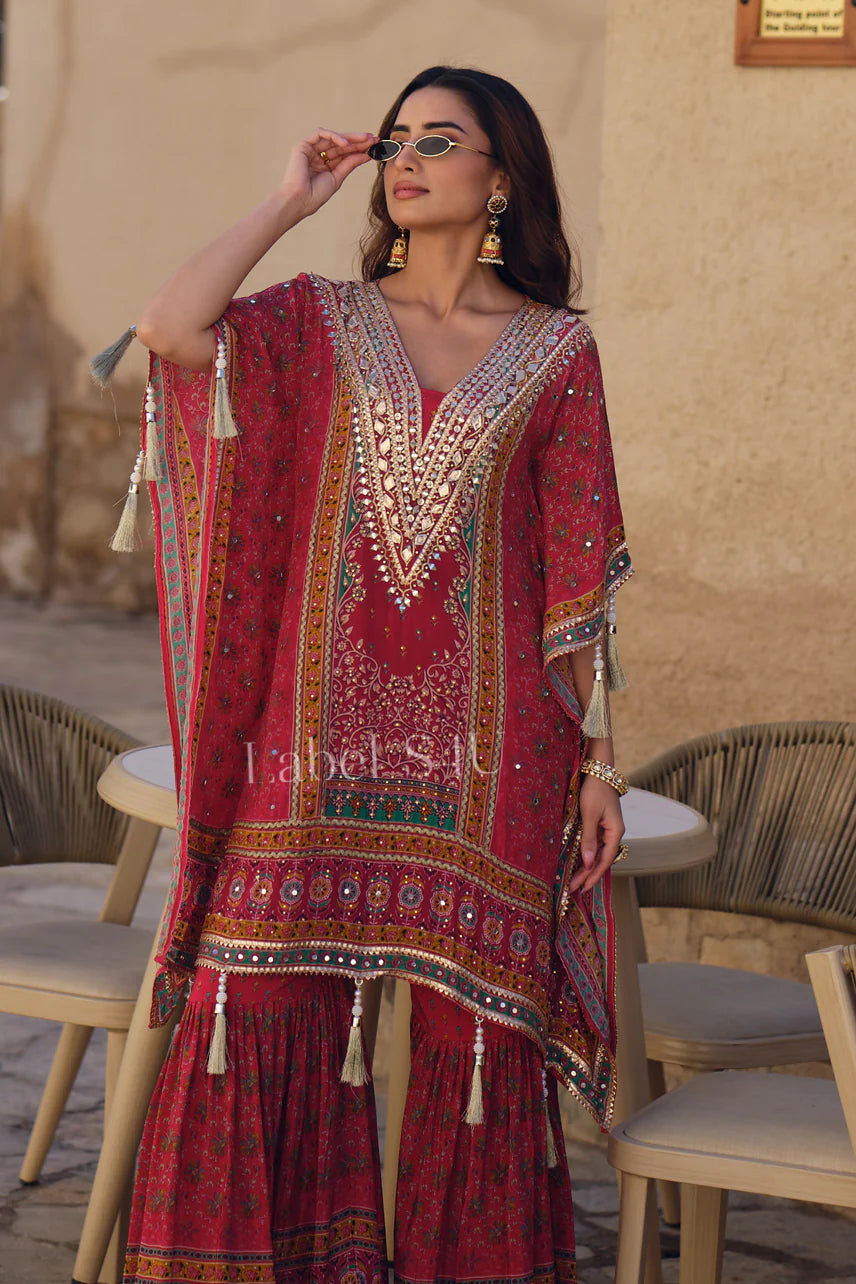 Dark red partywear gota and mirror work kaftan sharara set