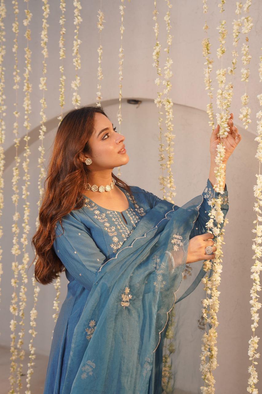 Blue pure mul chanderi A line suit