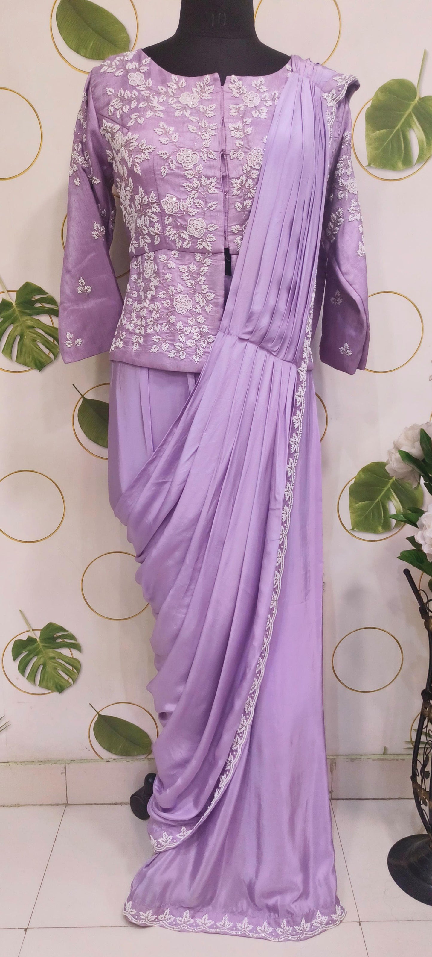 Lavender heavy handwork predraped saree