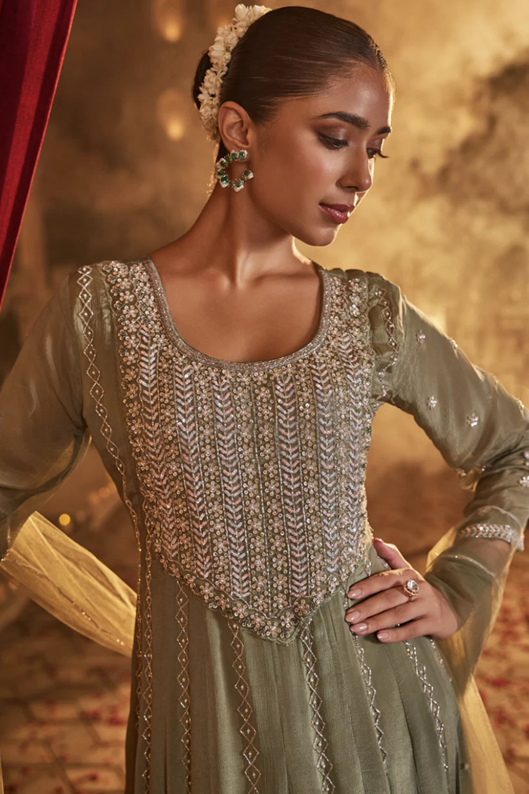 Sage green designer heavy handwork anarkali kurta set