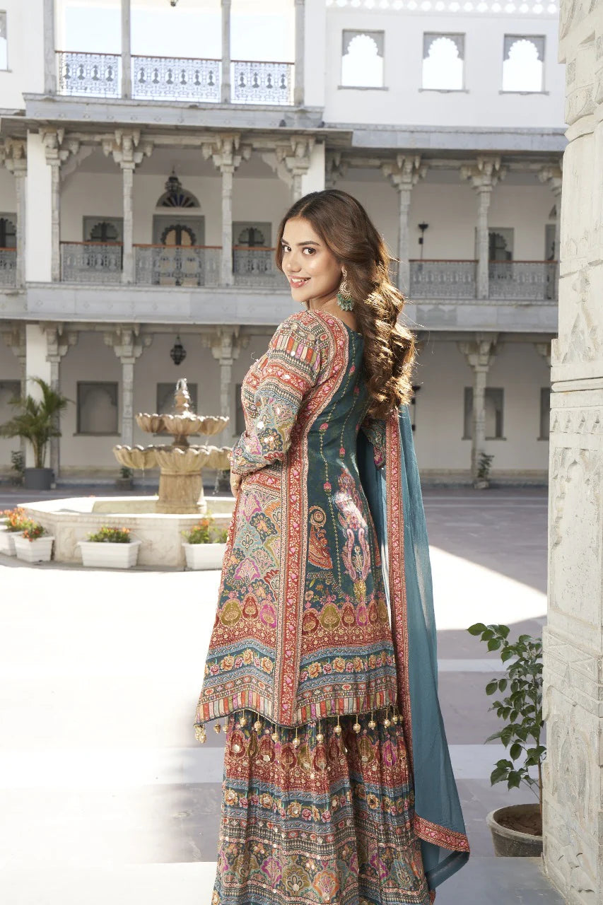 Teal pure crepe stunning sharara suit