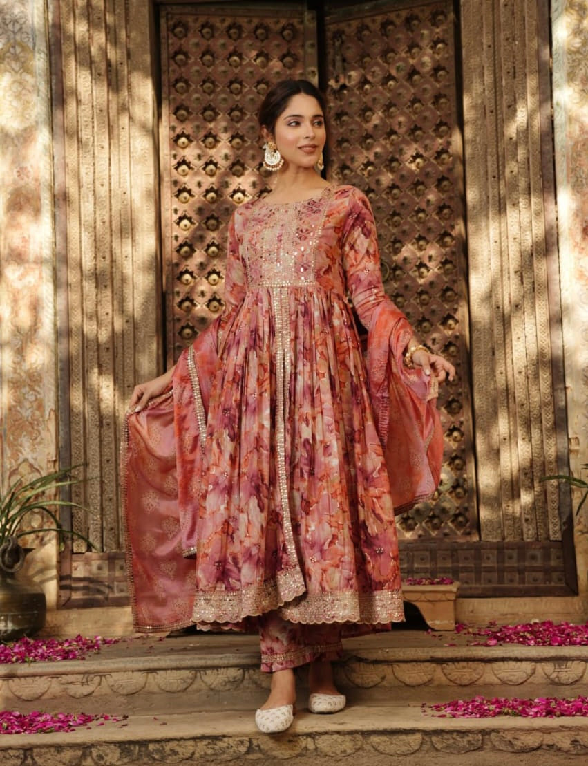 Mirror work Heavy rayon front slit kurta set