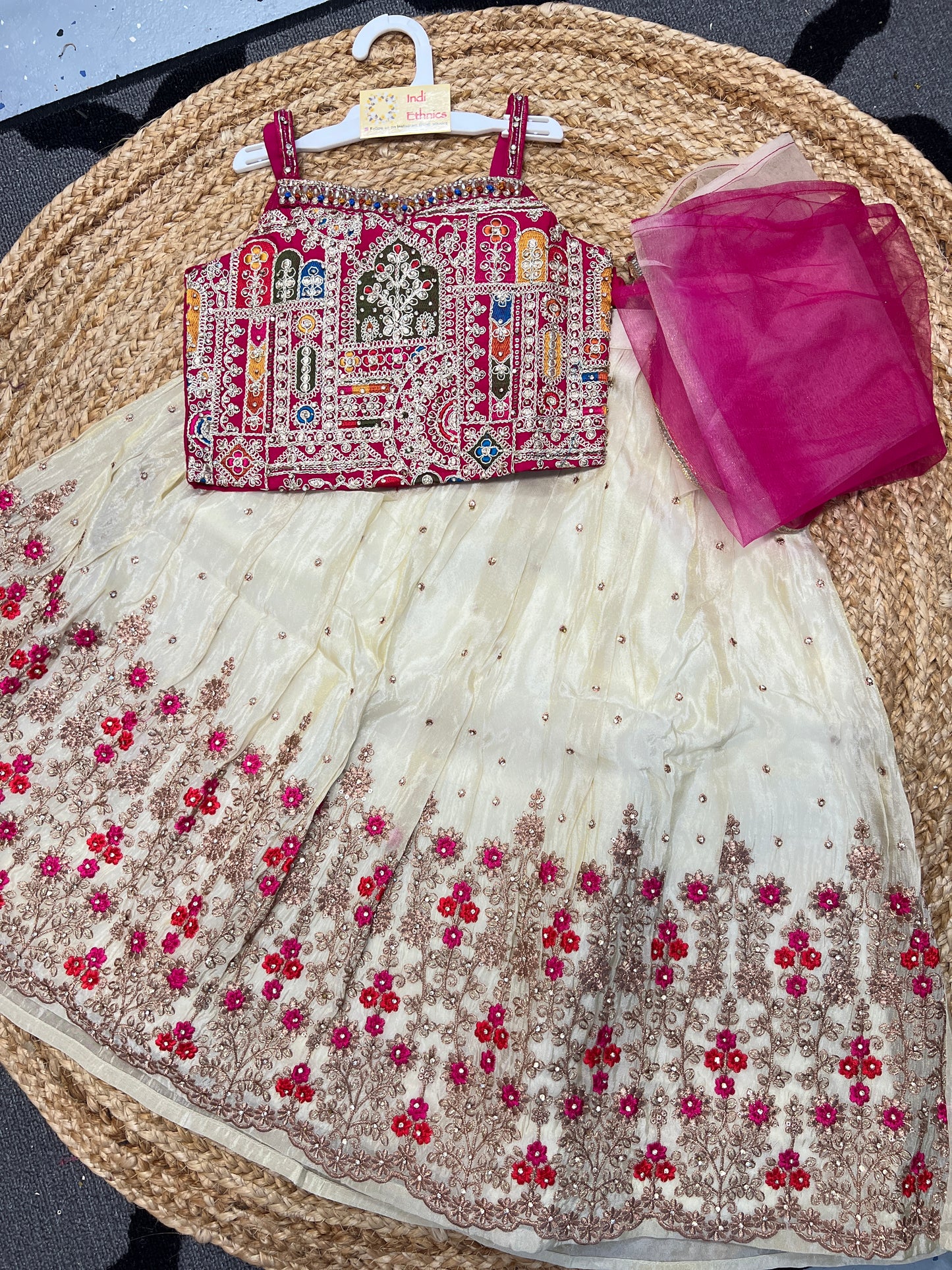 Girls Pink and off white heavy work lehenga choli dupatta