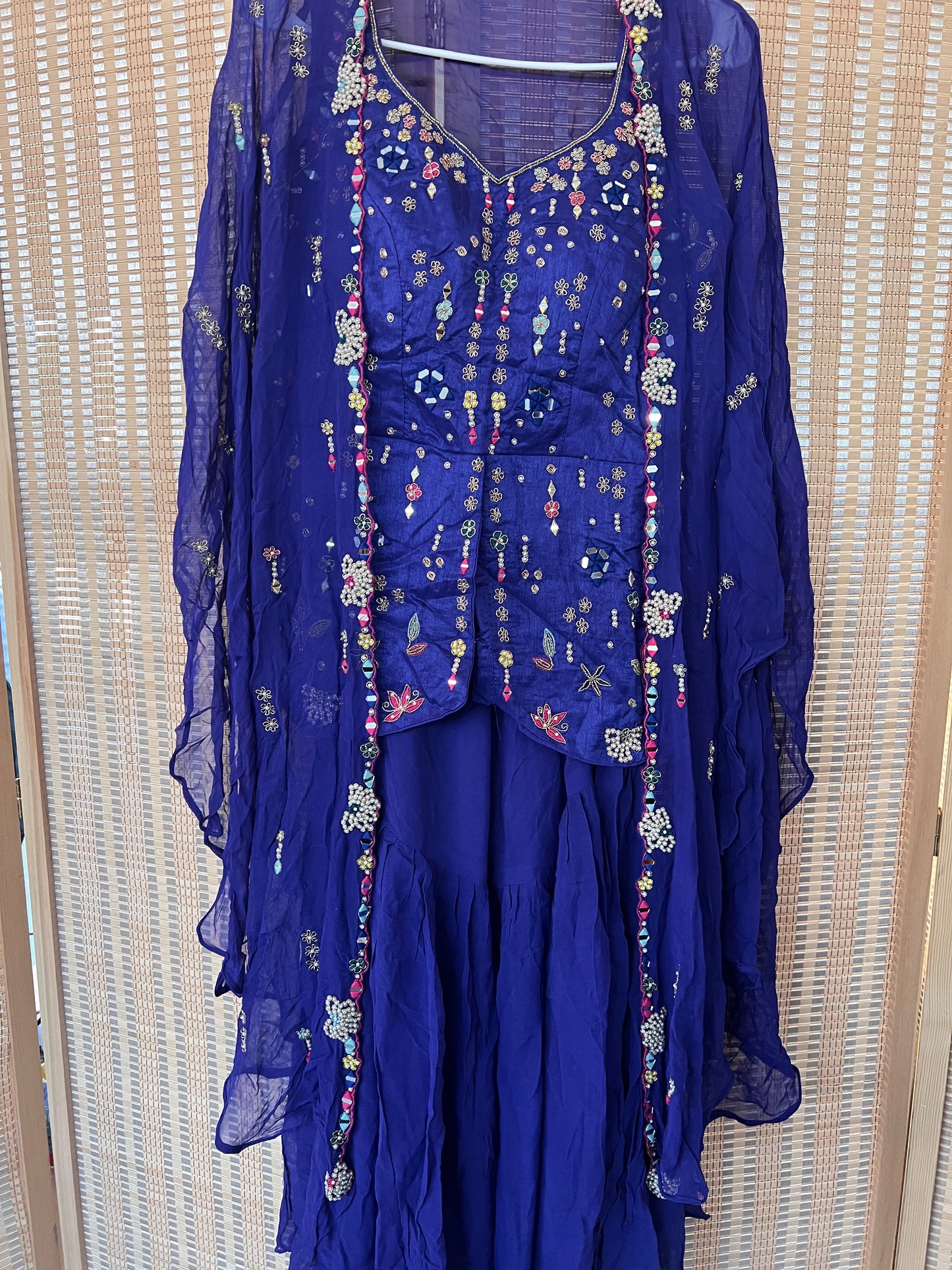 Royal blue heavy handwork and mirror work sharara set with shrug indo western