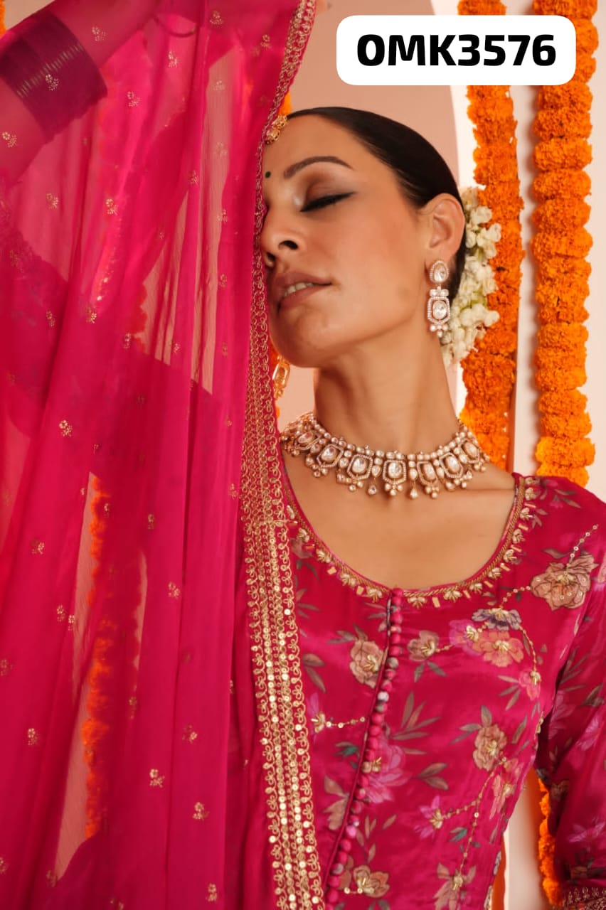 Hot pink pure chinnon front slit anarkali kurta set