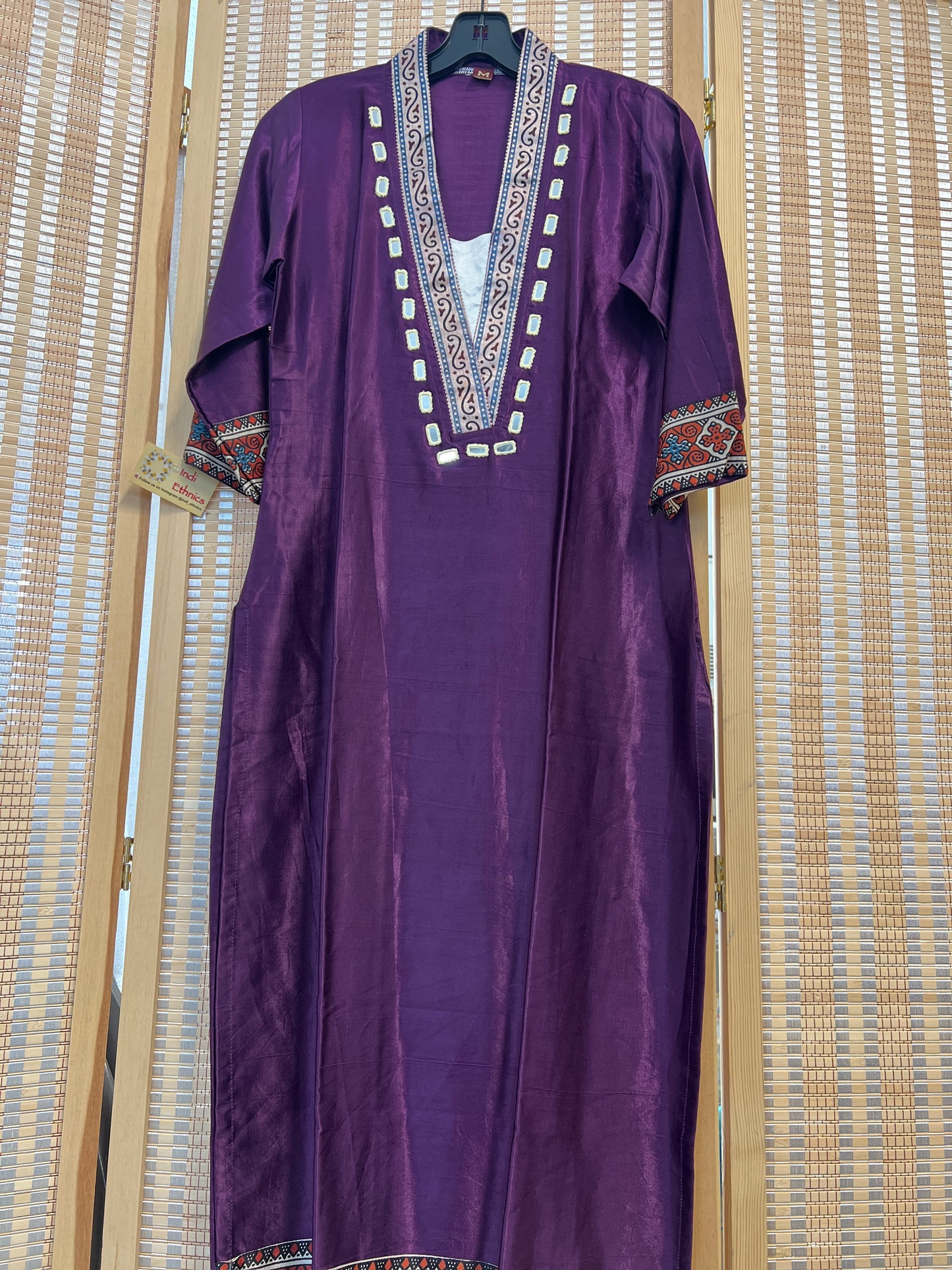 Violet pure gaji silk v neck kurti with real mirror work