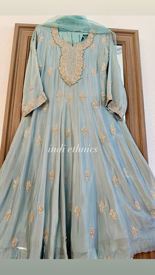 Ice blue stunning heavy handwork anarkali kurta set