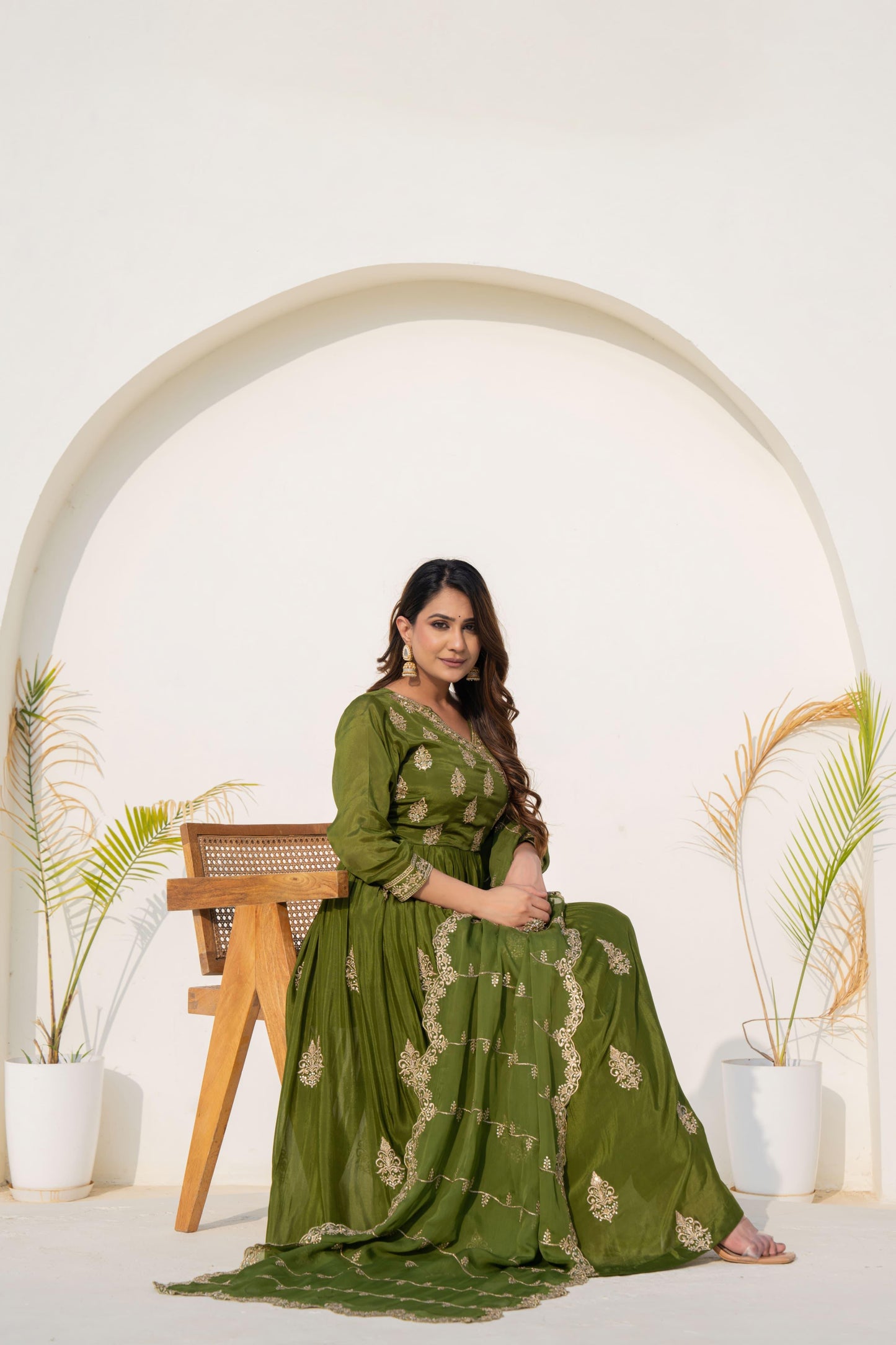 Green pure chanderi heavy work angrakha festive kurta set
