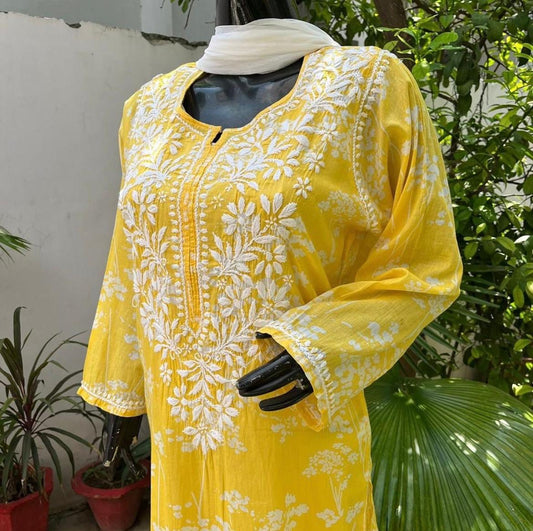 Lemon yellow chikankari mulmul kurti