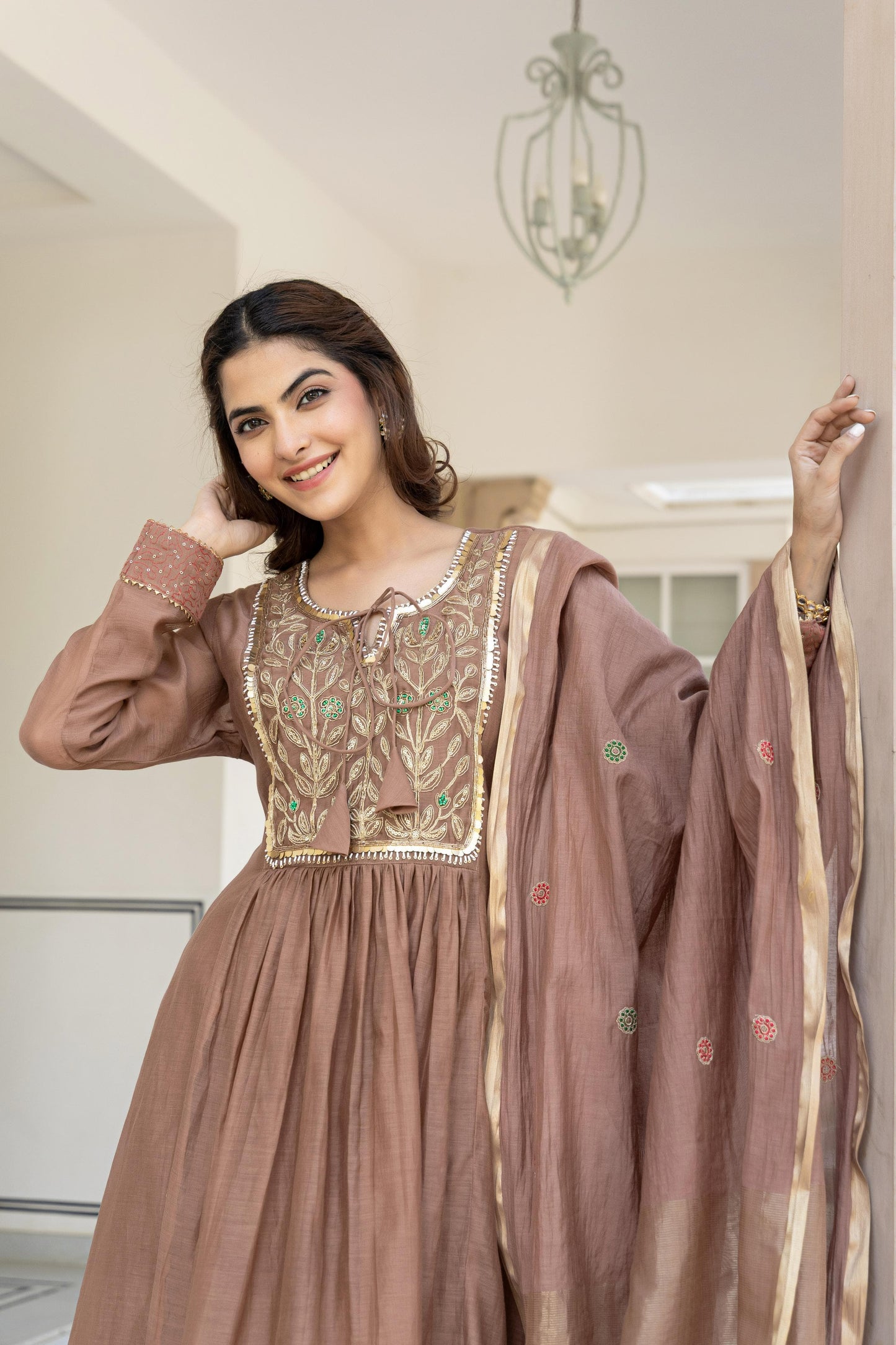 Beige pure mul chanderi heavy handwork yoke suit