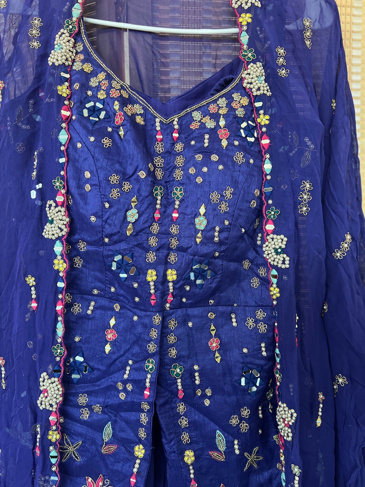 Royal blue heavy handwork and mirror work sharara set with shrug indo western