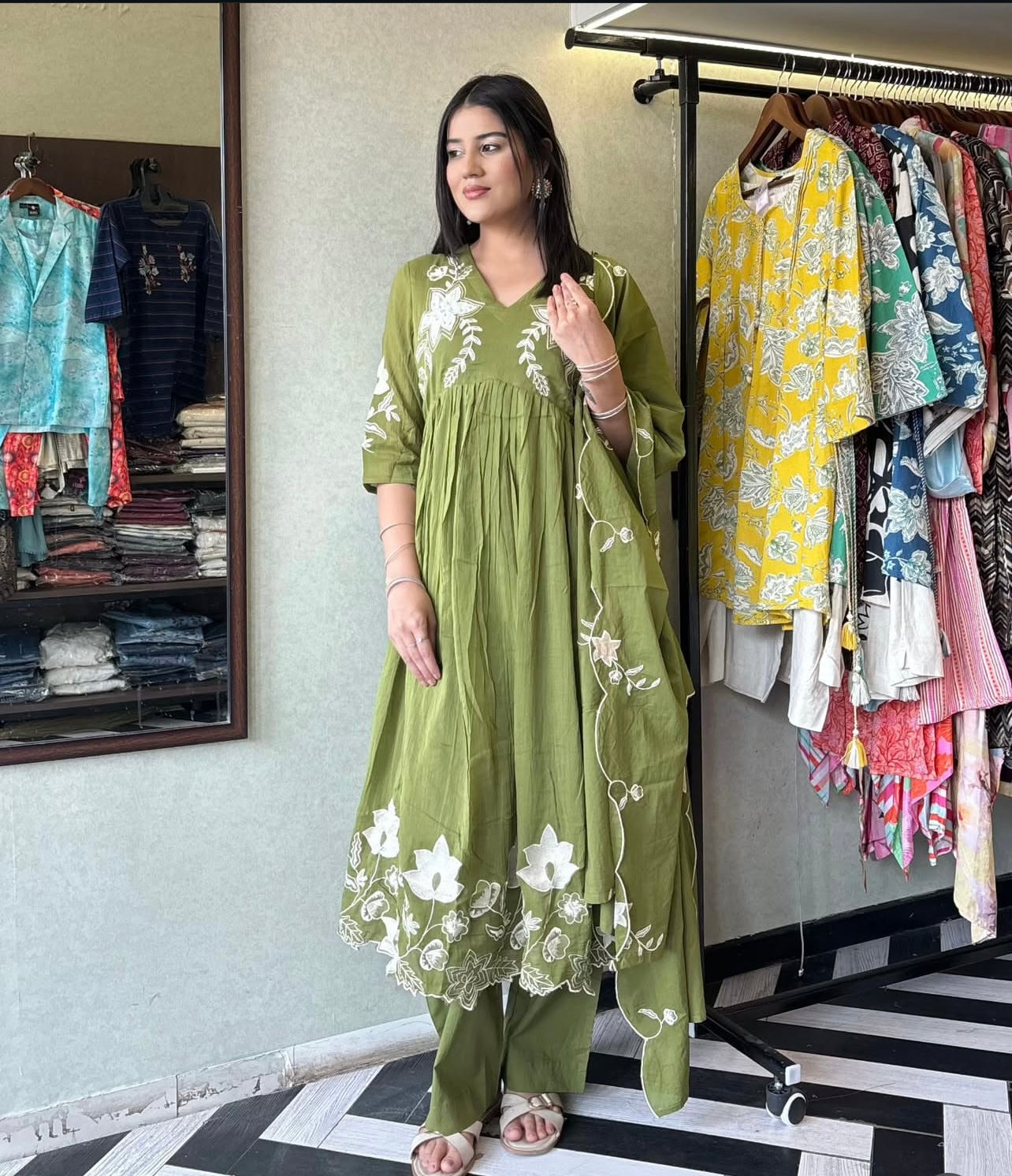 Olive green beautiful appique work suit