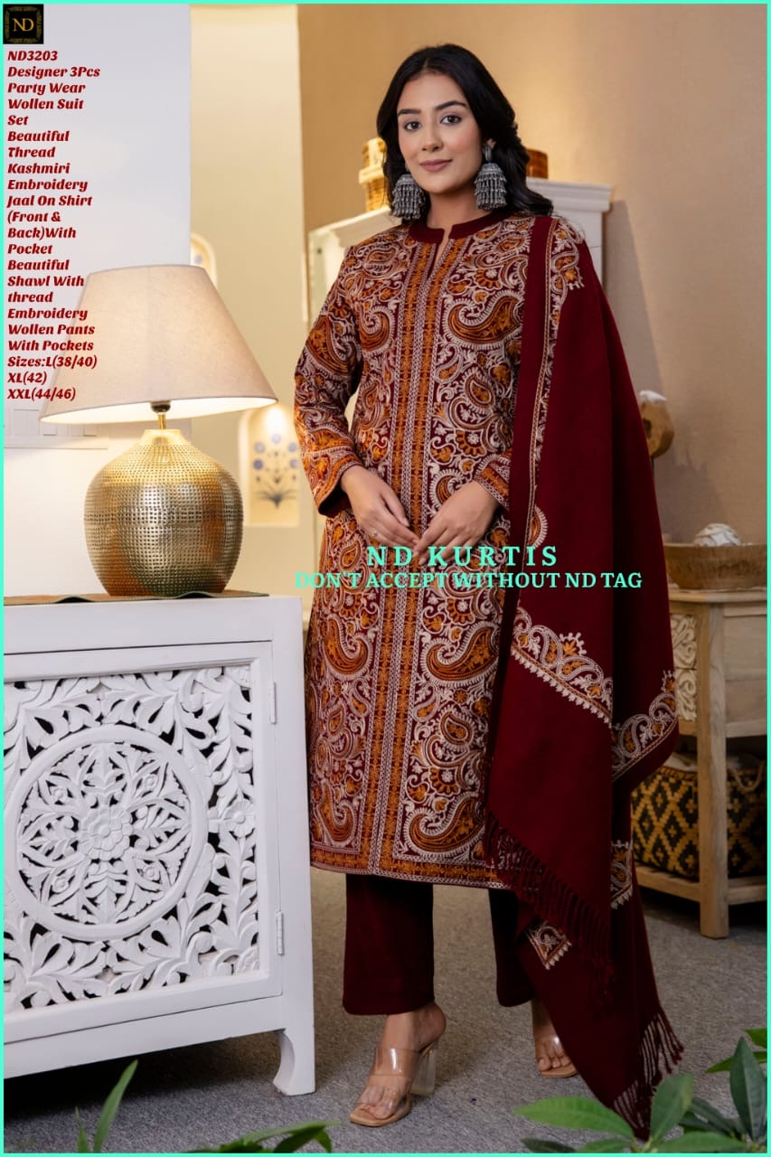 Winter woolen suit with heavy kashmiri work and shawl