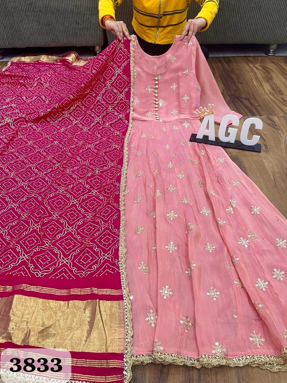 Premium pink jacquard fabric anarkali kurti and dupatta