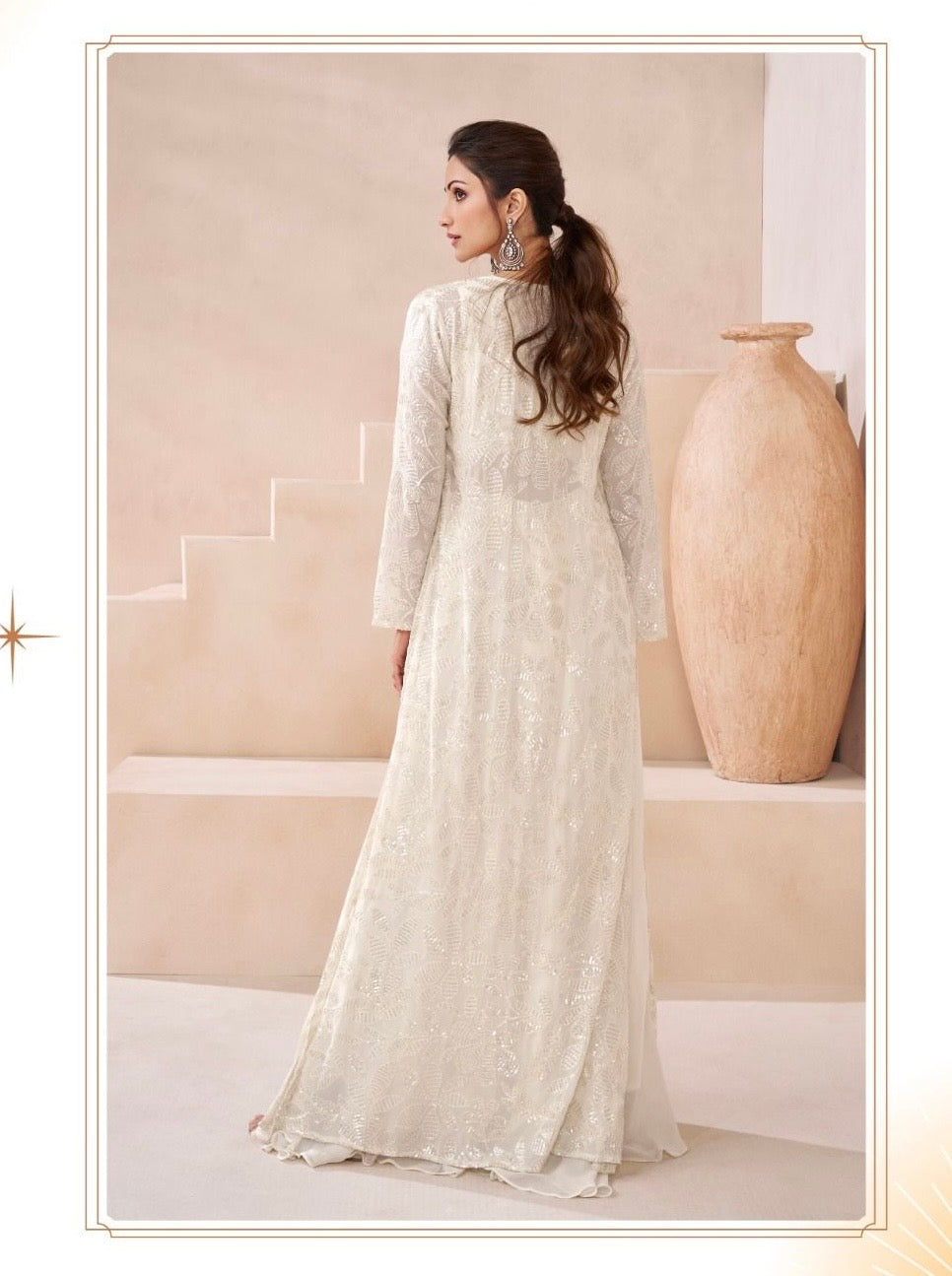 White heavy sequence work party wear cape set