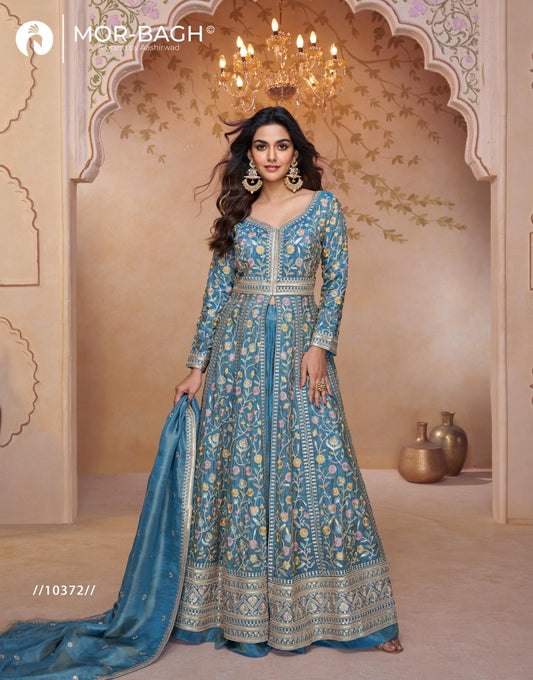 Ice blue heavy embroidered front slit party wedding wear lehenga