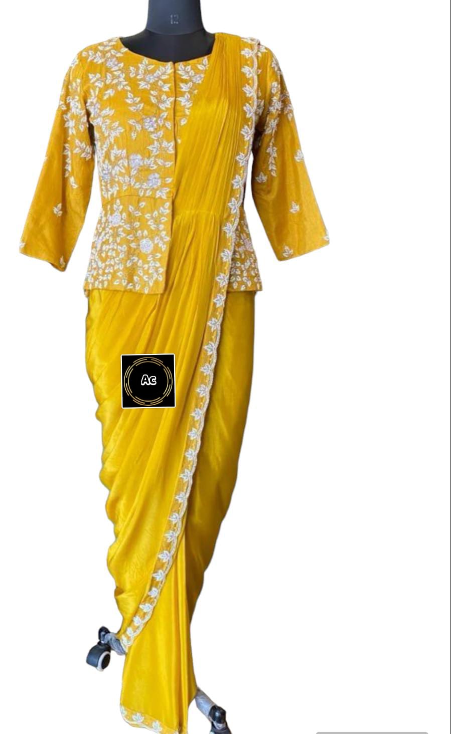 Yellow heavy handwork predraped saree