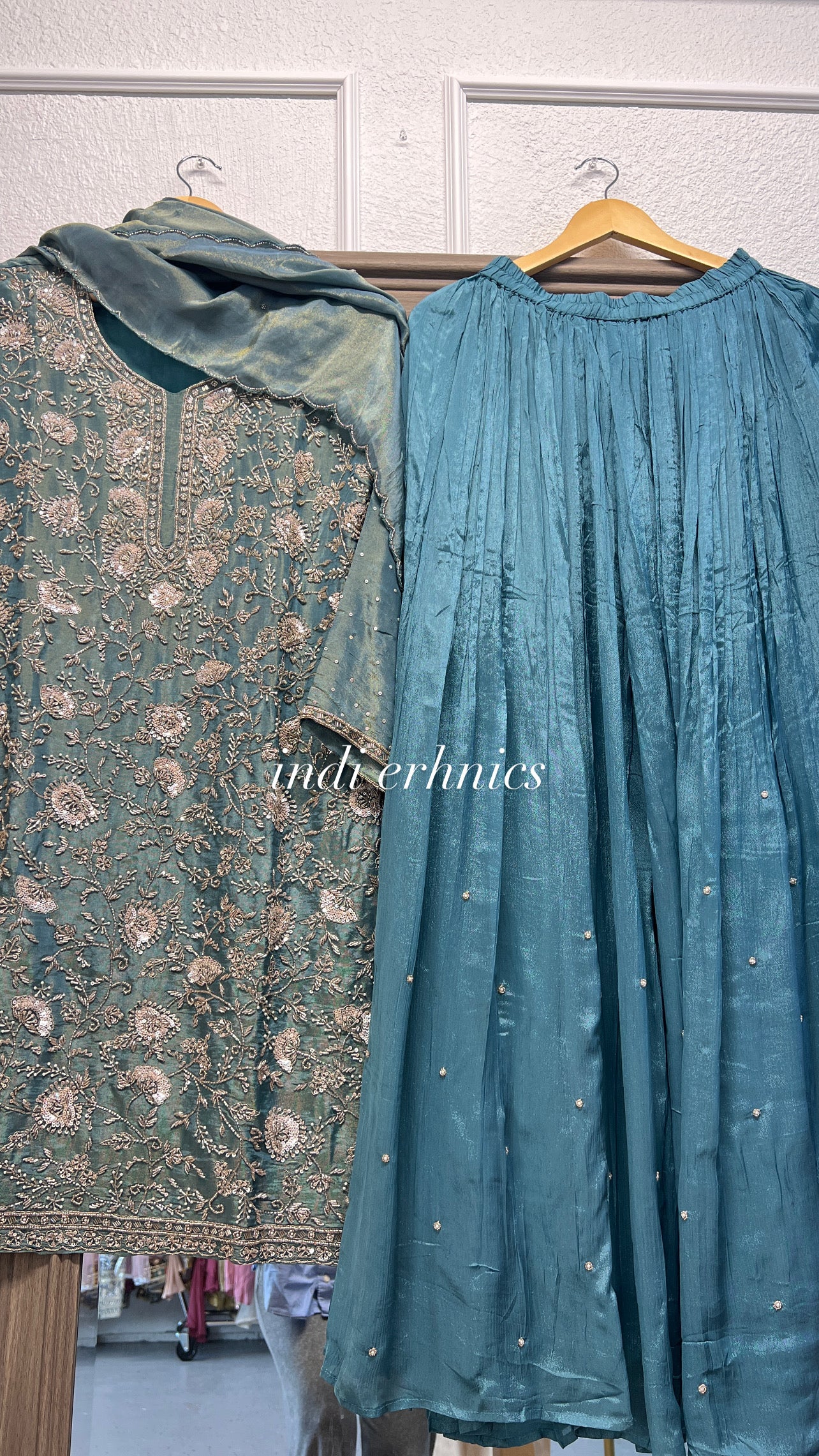 Ice blue pure shimmer tissue heavy handwork divider sharara suit partywear wedding wear