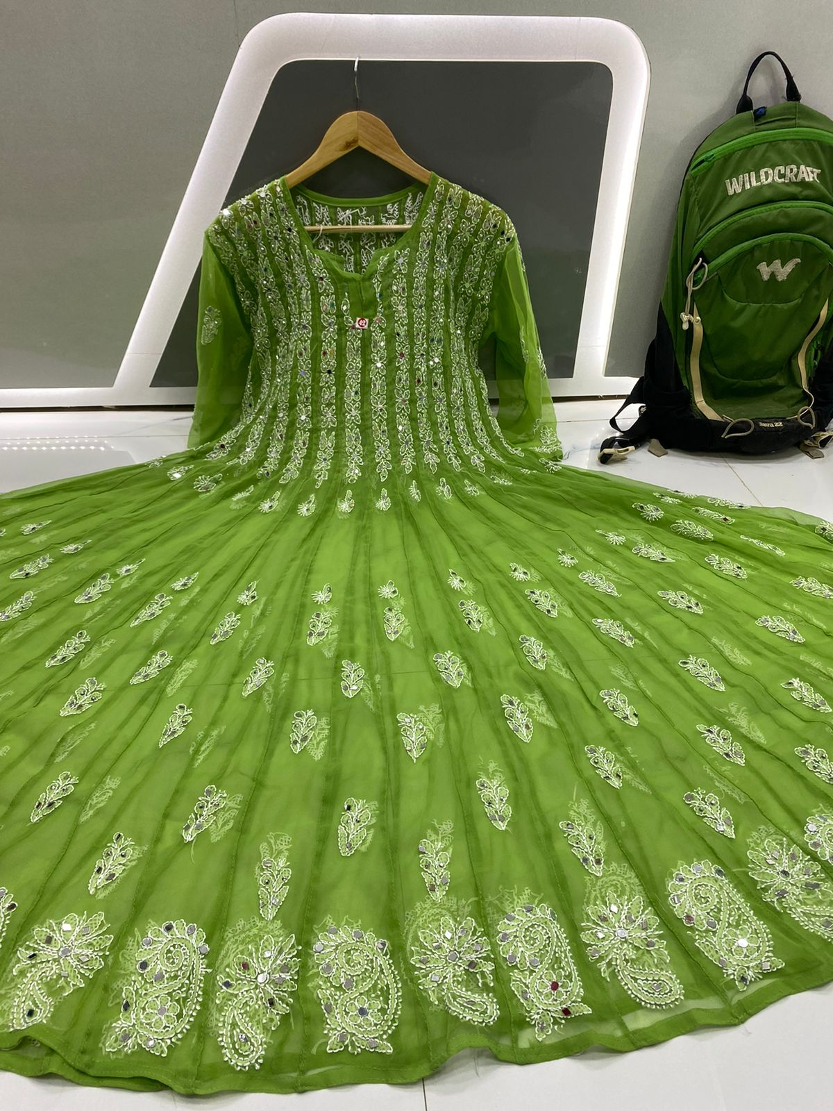 Green Mirror work 56 kali Anarkali Kurta with lining