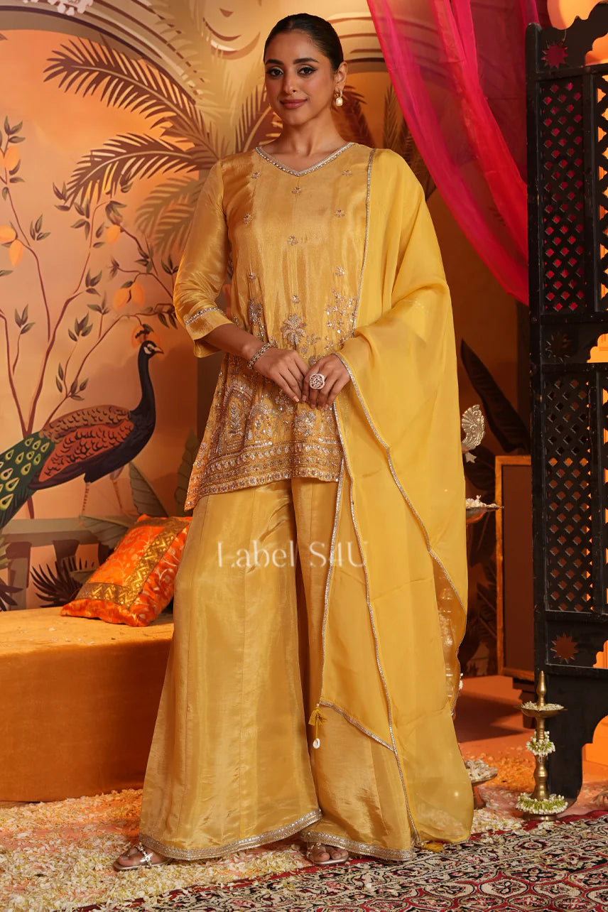 Lemon yellow pure shimmer/glass tissue stunning heavy handwork palazzo suit