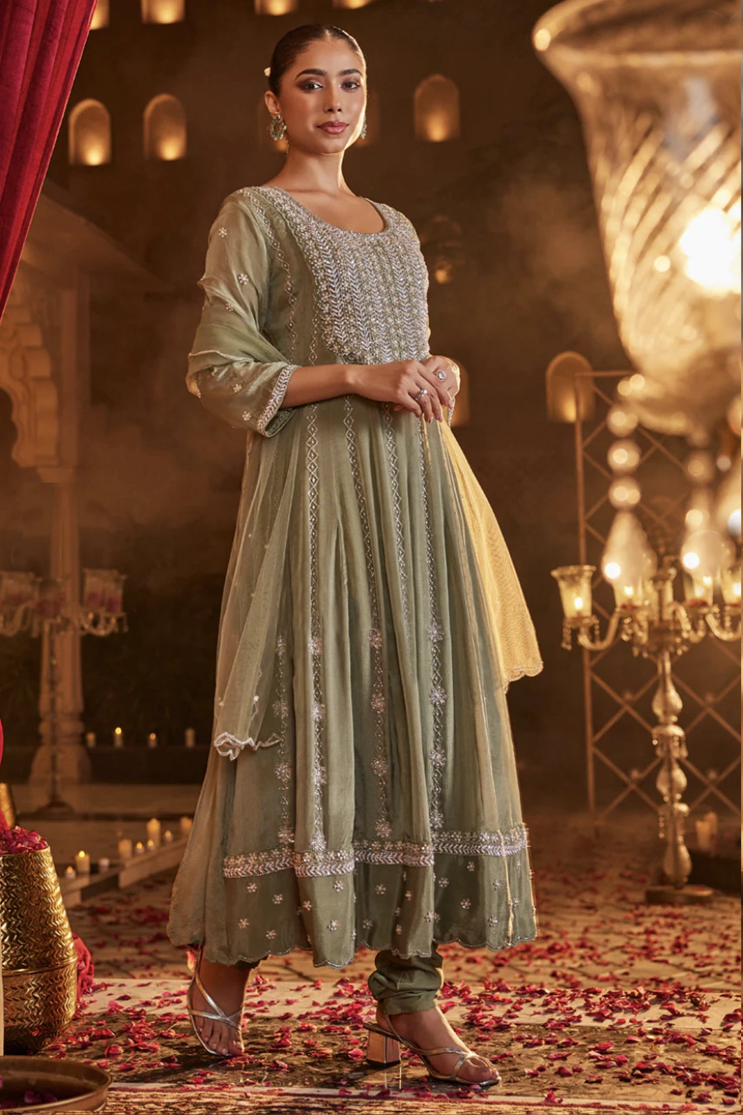 Sage green designer heavy handwork anarkali kurta set