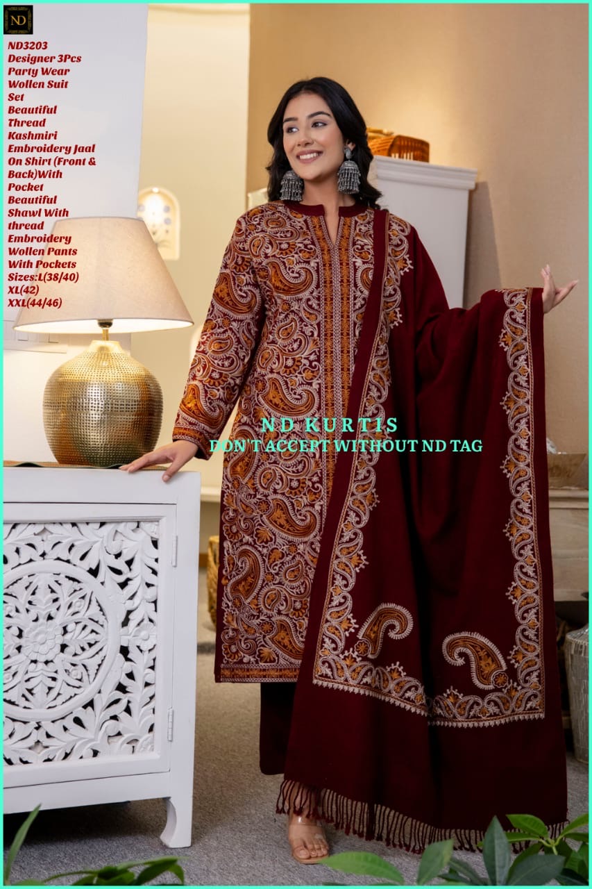 Winter woolen suit with heavy kashmiri work and shawl