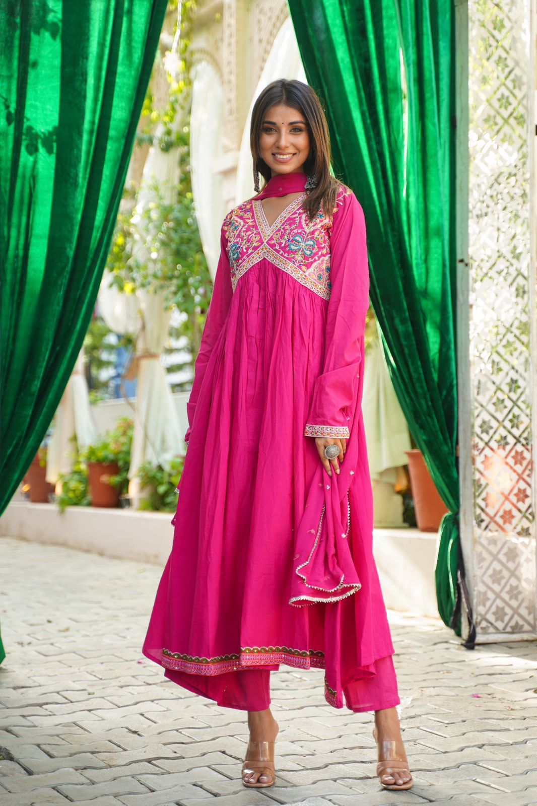 Hot Pink Elegant Embroidered Alia cut kurta set