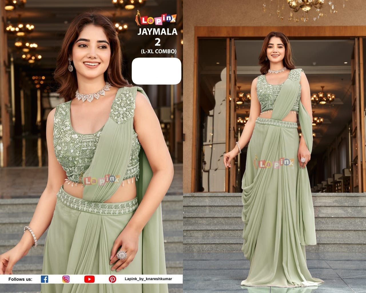 Pista gree handwork predraped saree