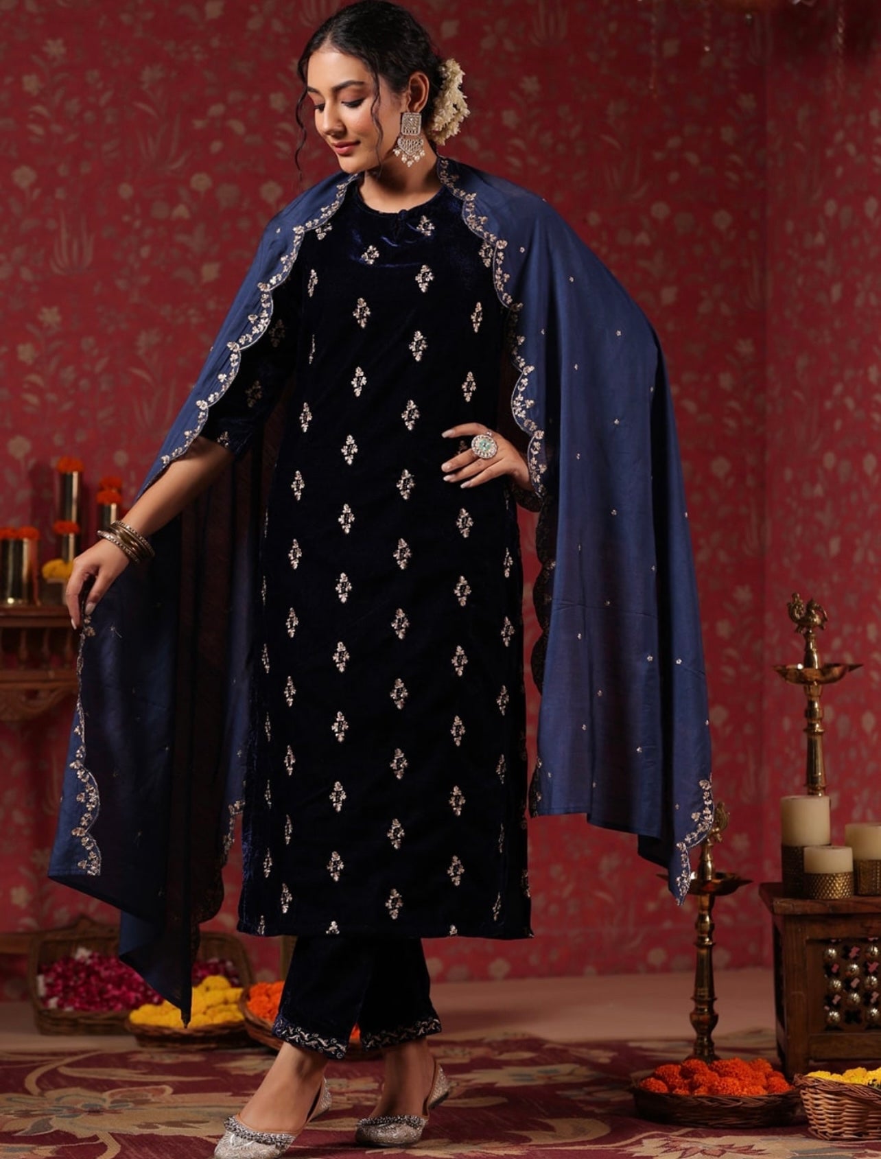 Navy Blue elegant sequin work velvet kurta set