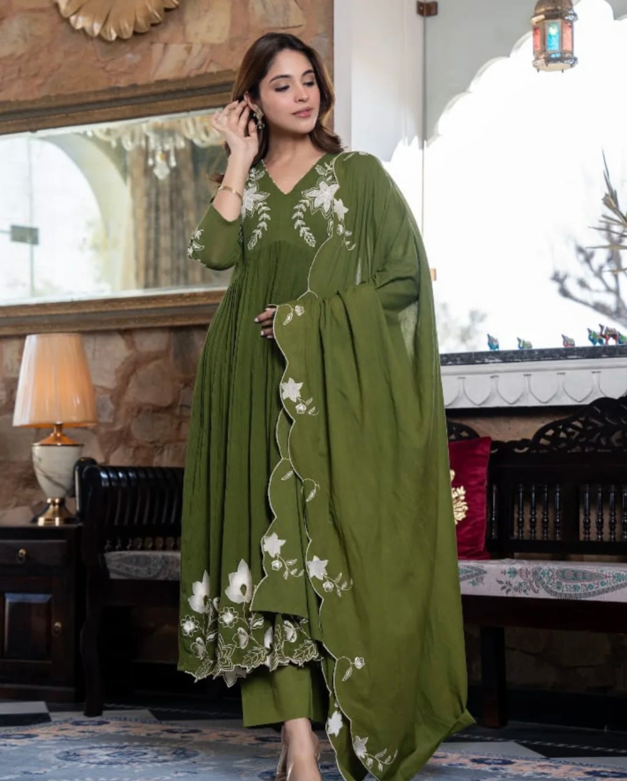 Olive green beautiful appique work suit