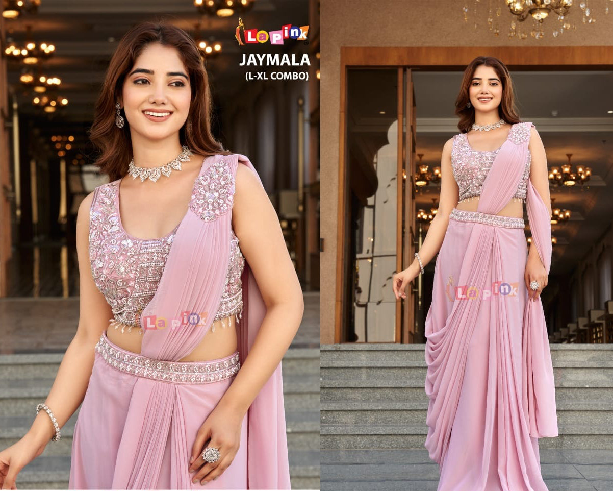 Pink georgette predraped saree