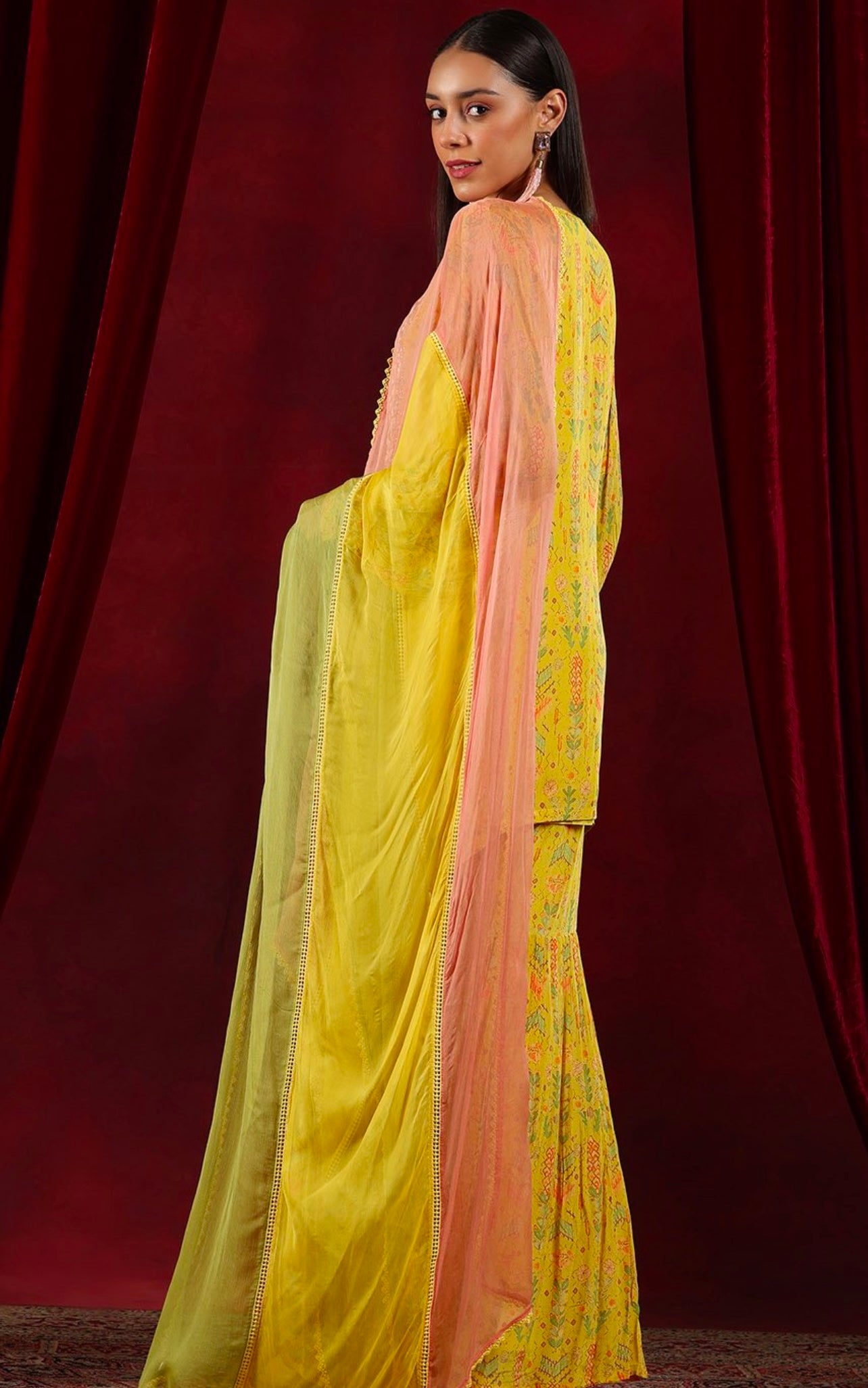 Yellow designer georgette flowy sharara suit