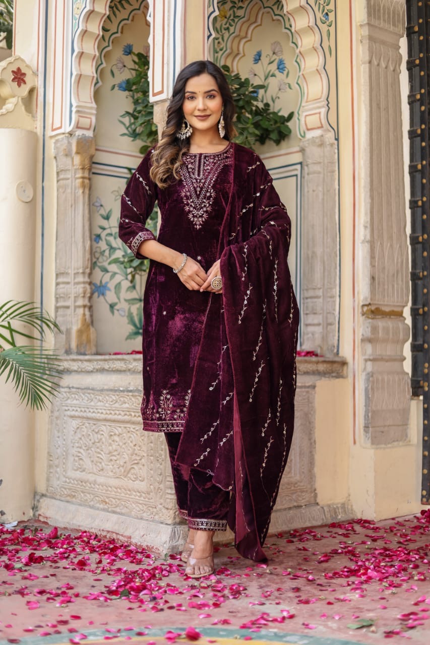 Wine heavy embroidered velvet suit