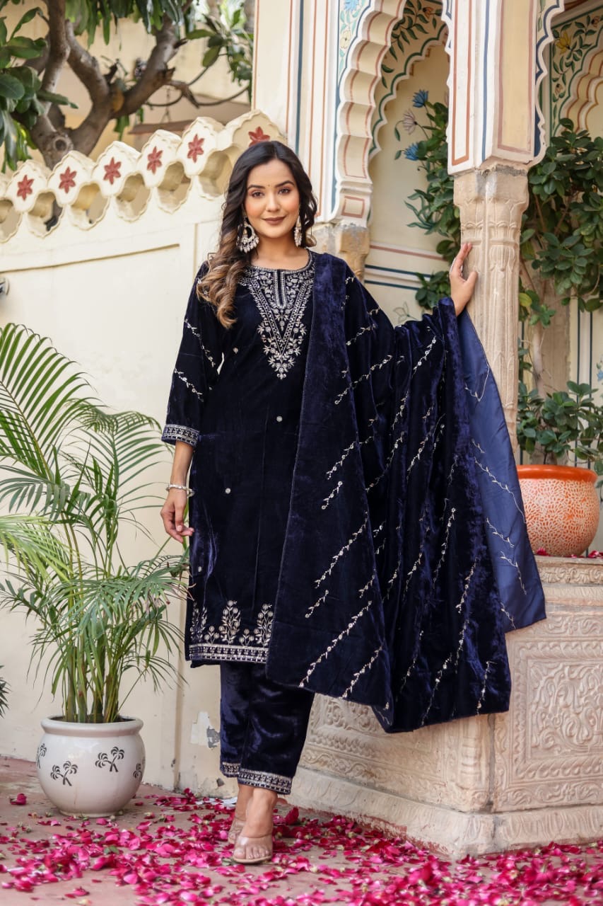 Navy blue velvet heavy embroidered suit