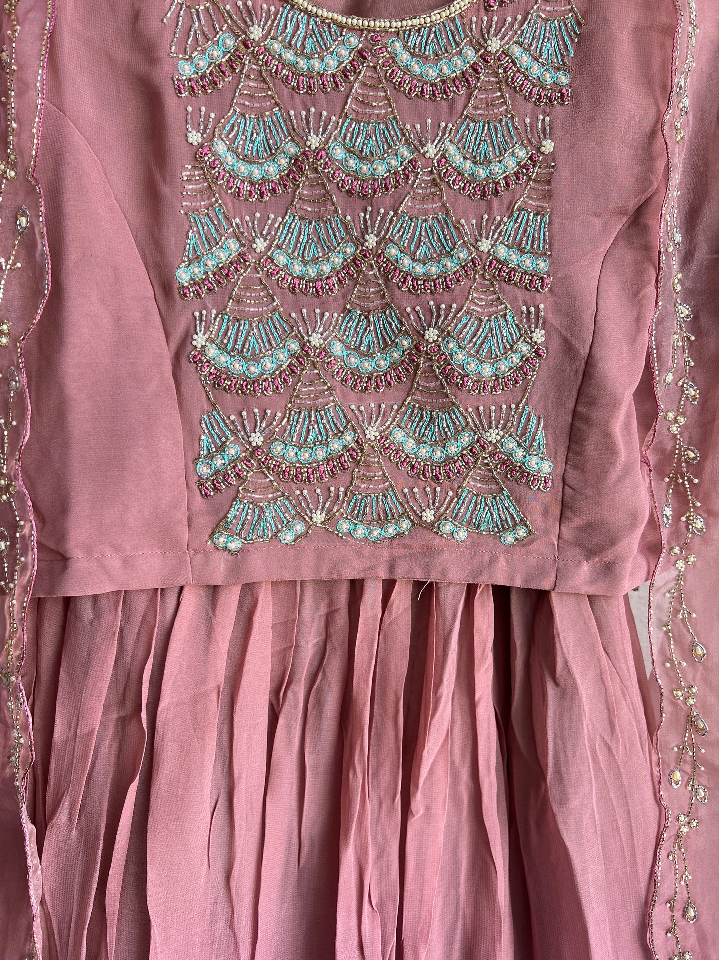 Dust pink handwork crop top skirt and shrug set