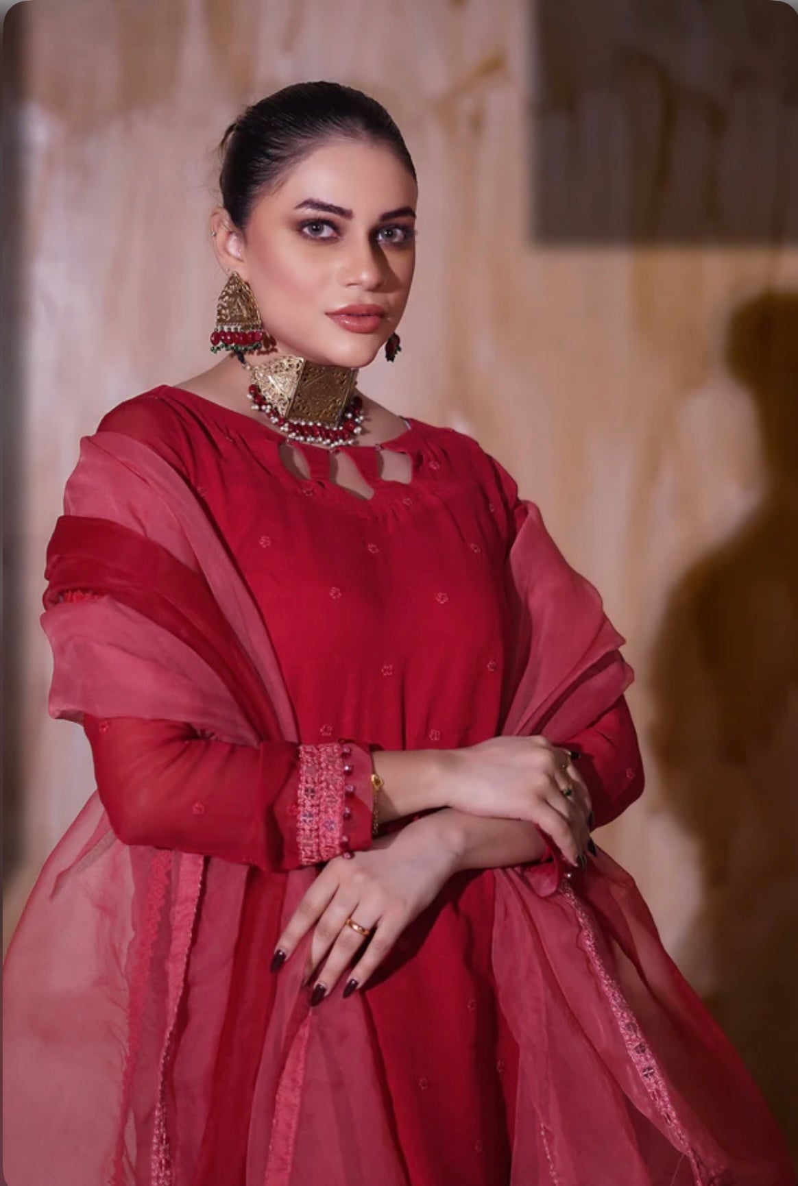 Red elegant chiffon sharara suit