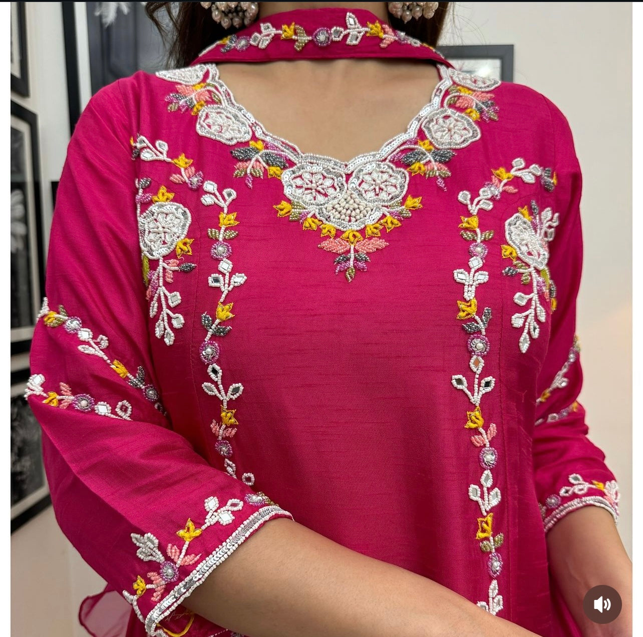 Hot pink stunning shaarara set with handwork and ruffle dupatta