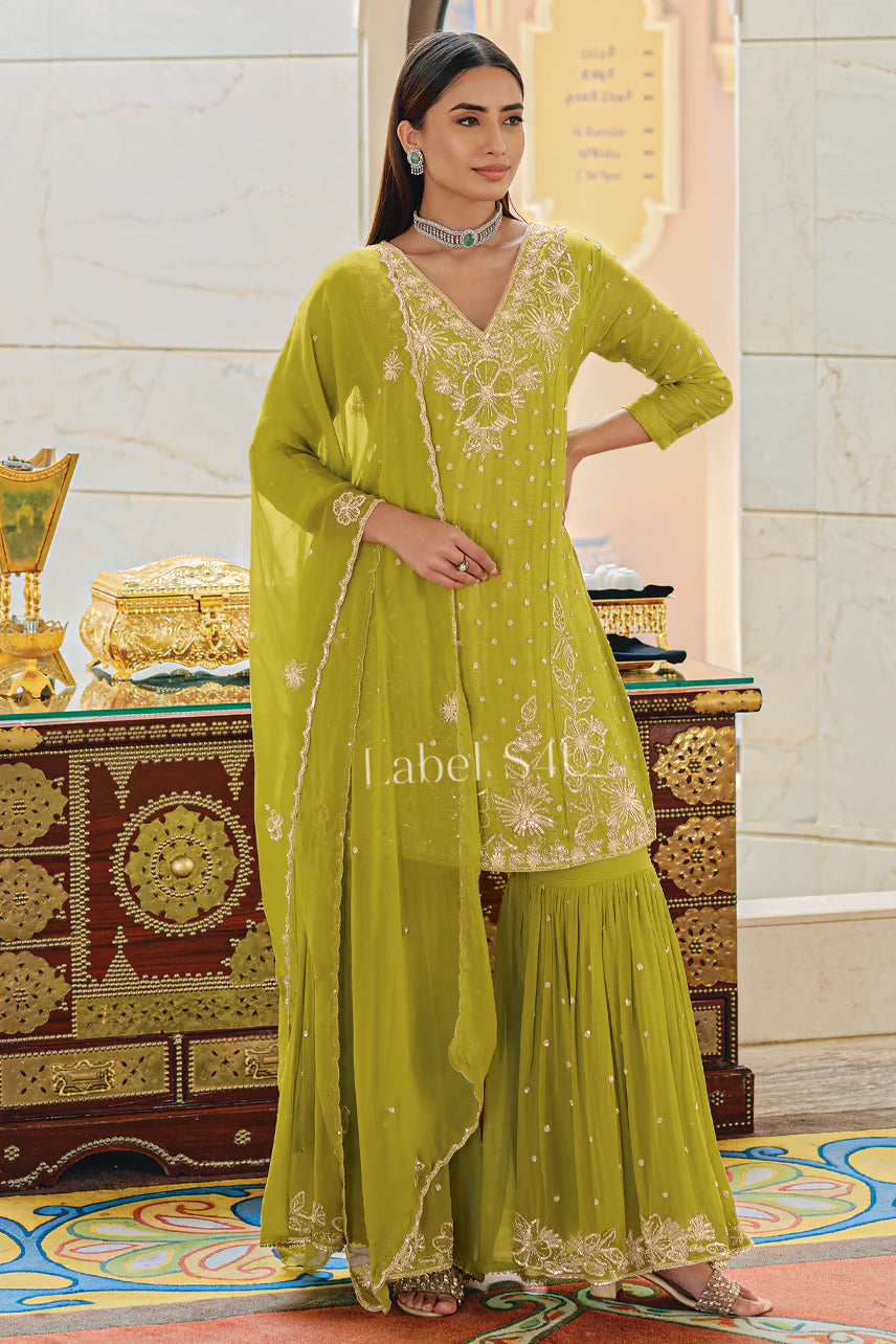 Lemon green partywear handwork sharara suit