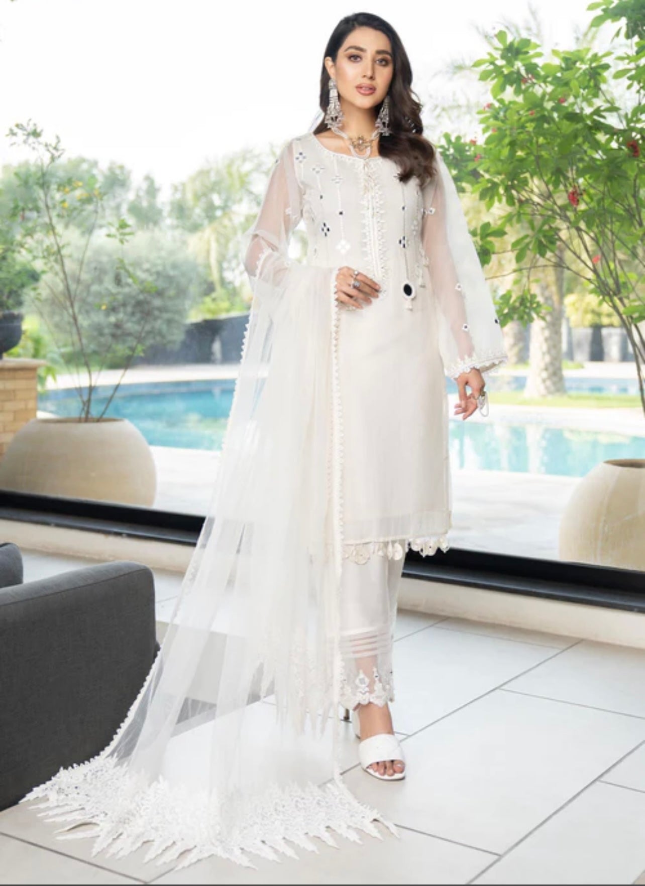 Pure White beautiful mirror work suit