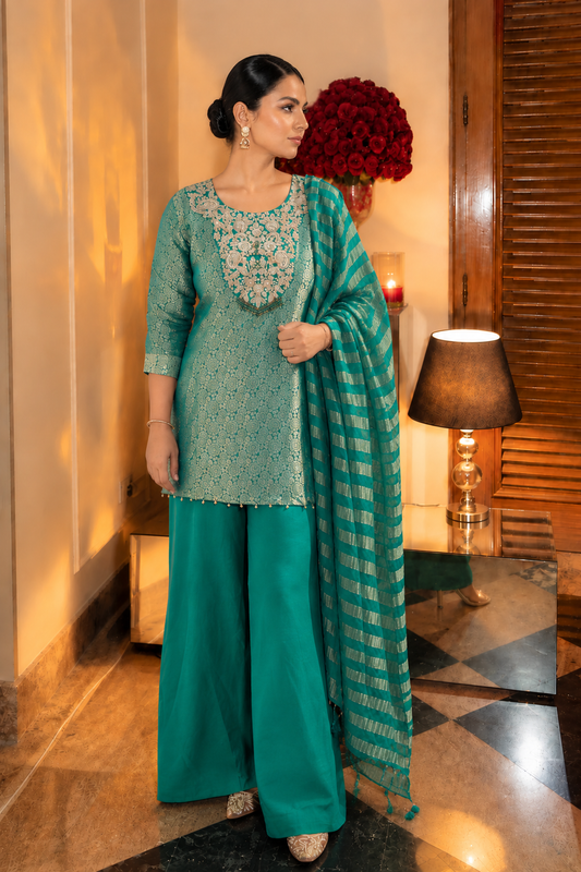 Green Elegant banarasi jacquard palazzo suit