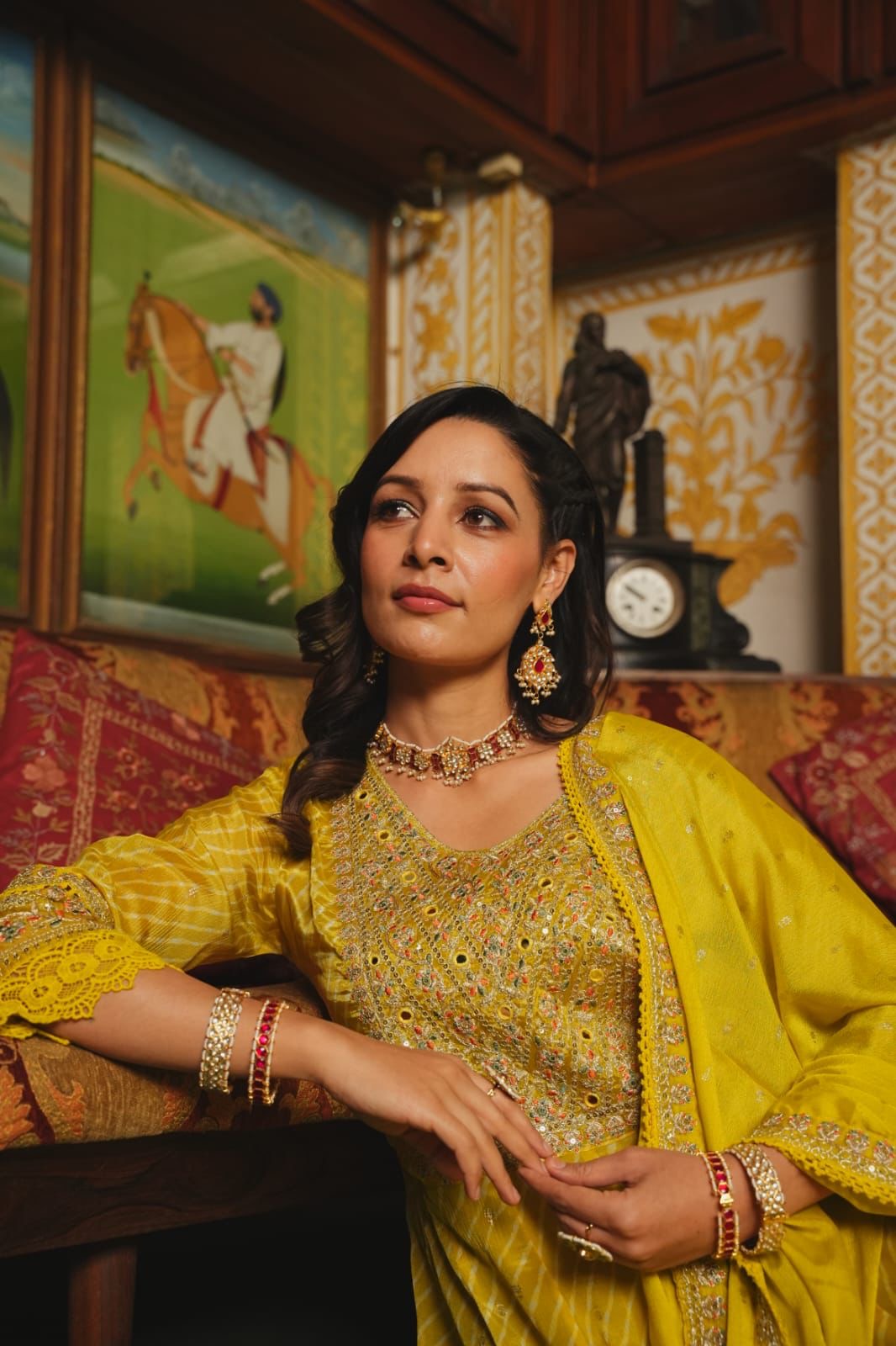 Yellow premium chinnon silk anarkali suit with heavy work