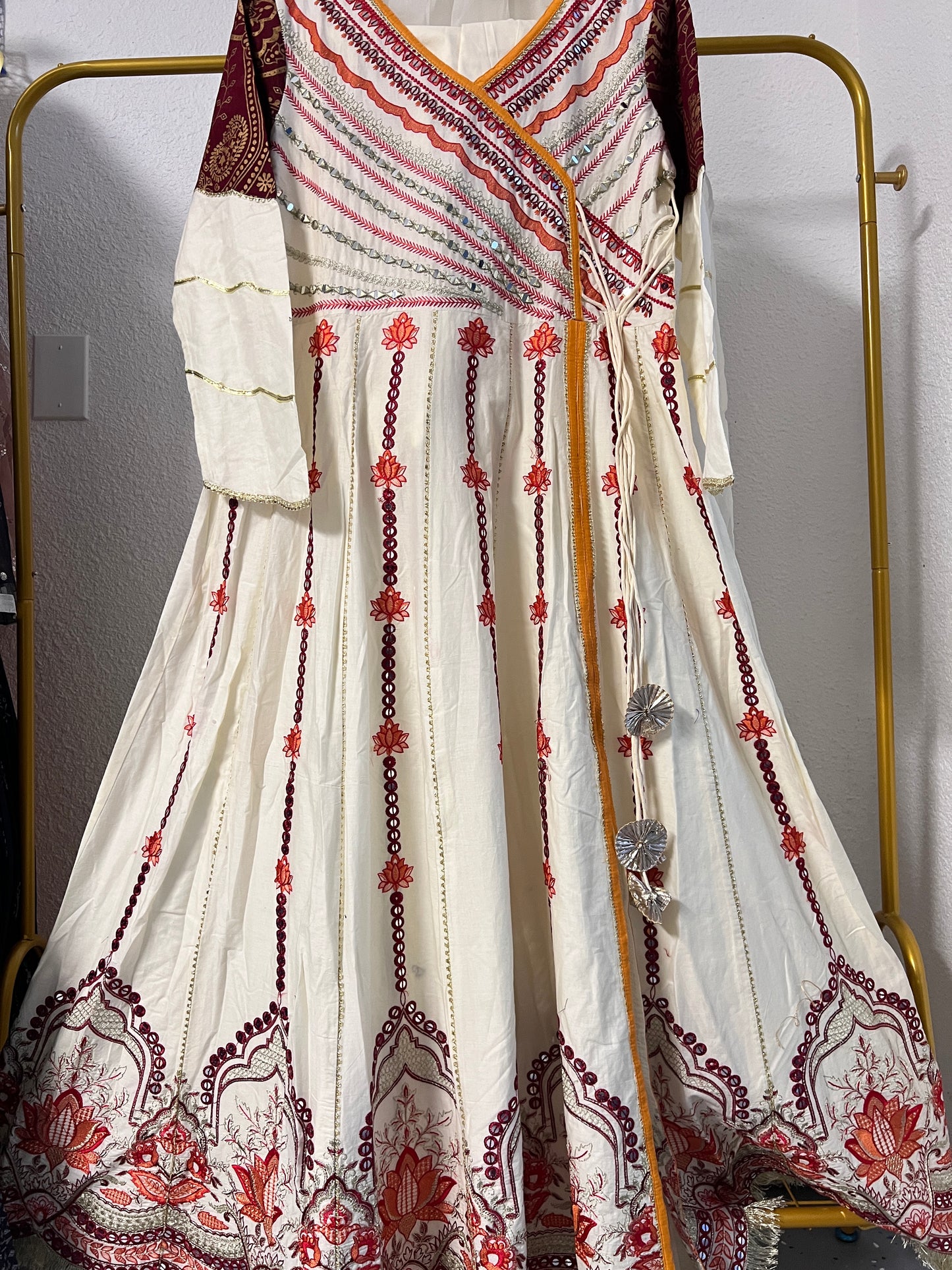Cream heavy gota and mirror work anarkali kurta set