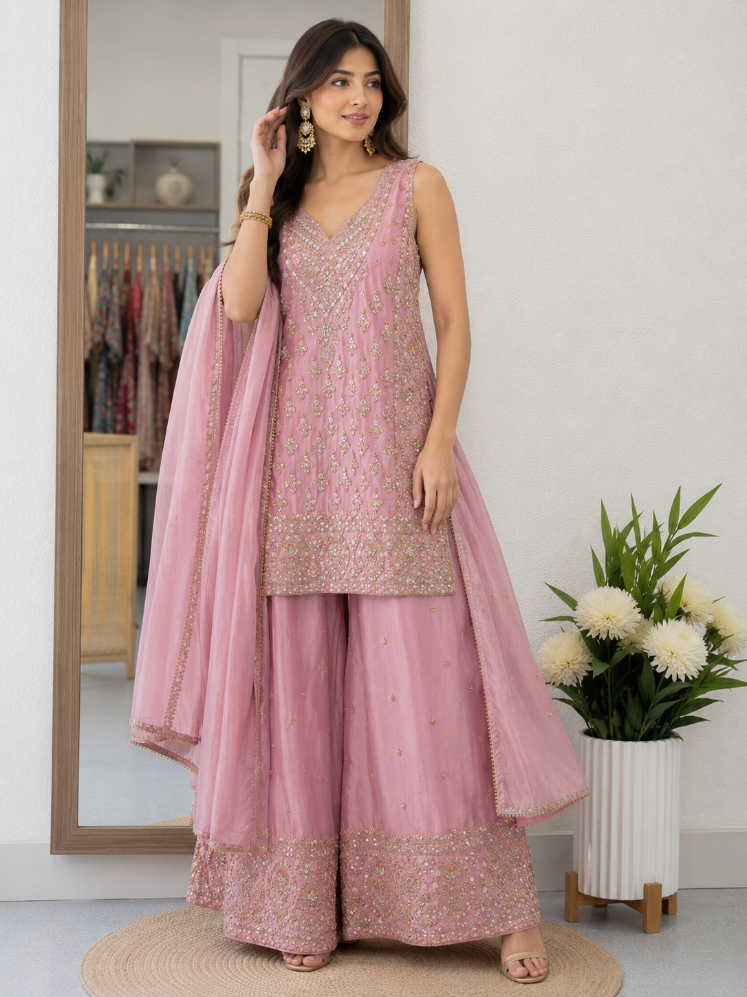 Pink chinnon silk handwork sharara suit (leight weight)