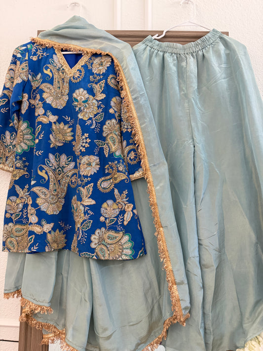 Stunning blue silk sharara suit with tissue sharara and dupatta