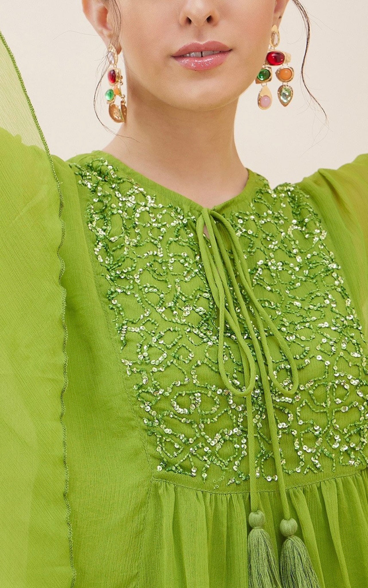 Parrot green stylish handwork pure georgette kaftan co-ord set